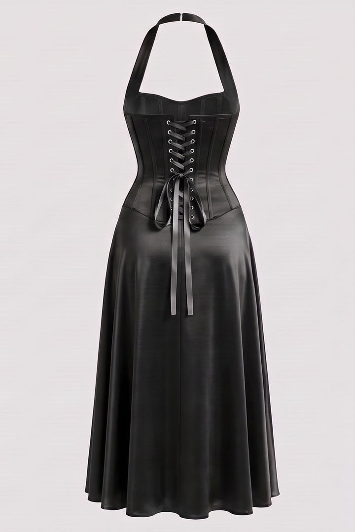 LENORE Halter Corset Maxi Dress in Plum by Luxe Noir — back view