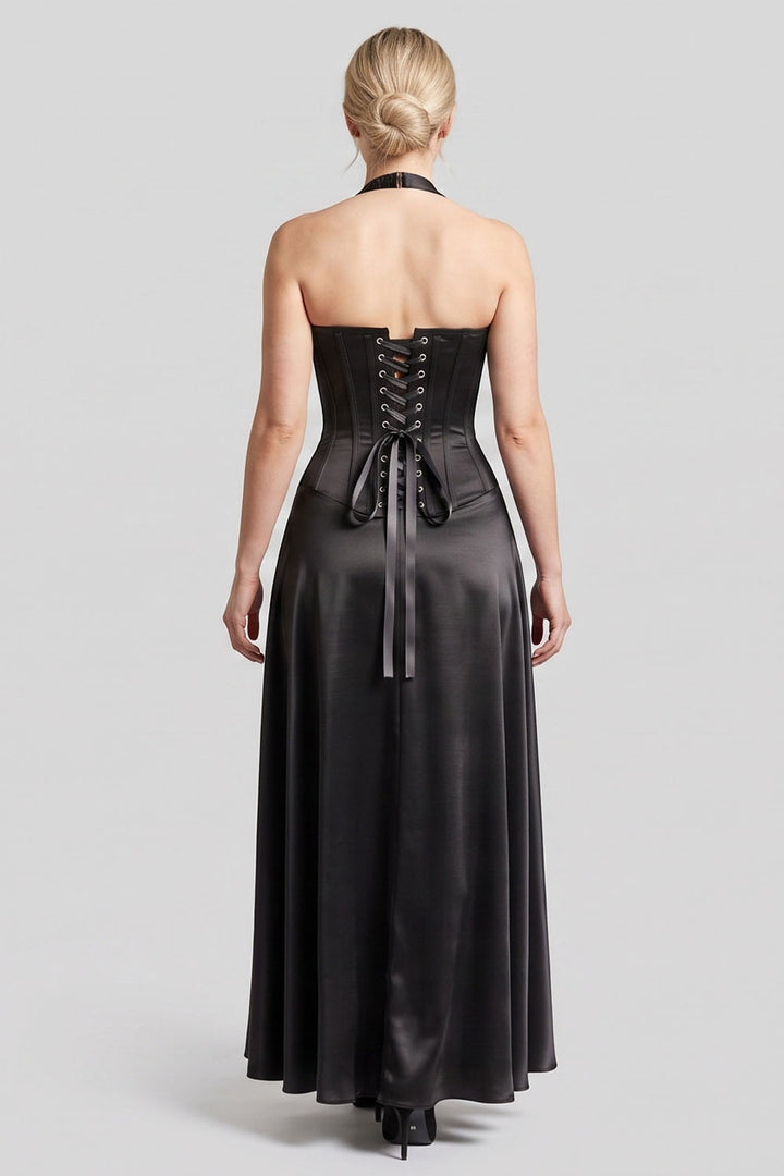 LENORE Halter Corset Maxi Dress in Plum on model — back view