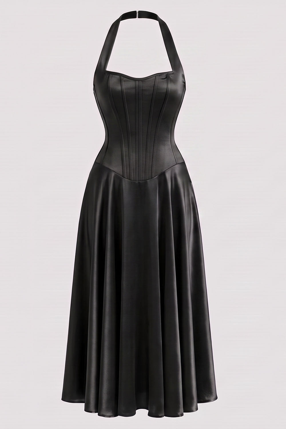 LENORE Halter Corset Maxi Dress in Plum by Luxe Noir — front view