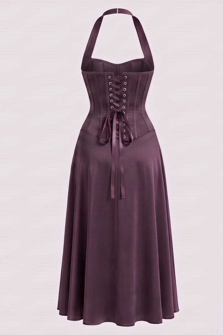 LENORE Halter Corset Maxi Dress in Forest Green by Luxe Noir — back view