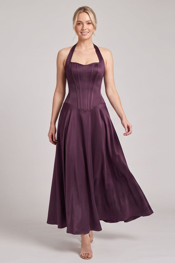 LENORE Halter Corset Maxi Dress in Forest Green on model — front view