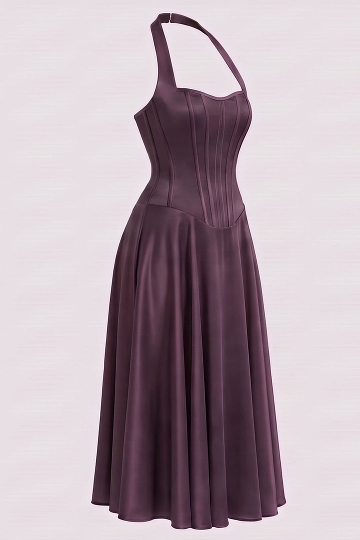 LENORE Halter Corset Maxi Dress in Forest Green by Luxe Noir — side view