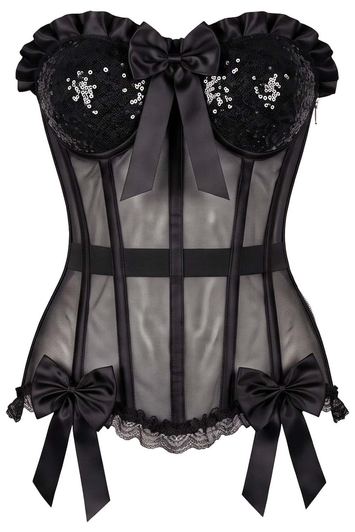 VIVIEN Mesh &amp; Sequin with Satin Burlesque Overbust Corset CWL—1778 by Luxe Noir — front view