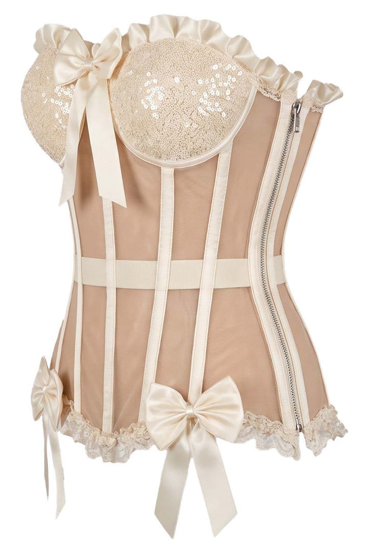 VIVIEN Mesh &amp; Sequin with Satin Burlesque Overbust Corset CWL—1779 by Luxe Noir — side view