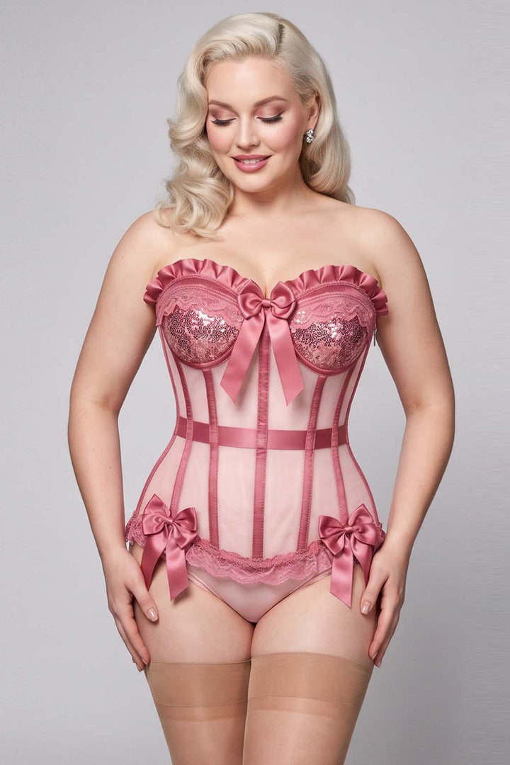 VIVIEN Mesh &amp; Sequin with Satin Burlesque Overbust Corset CWL—1782 on model — front view