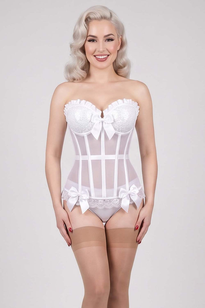VIVIEN Mesh &amp; Sequin with Satin Burlesque Overbust Corset CWL—1783 on model — front view