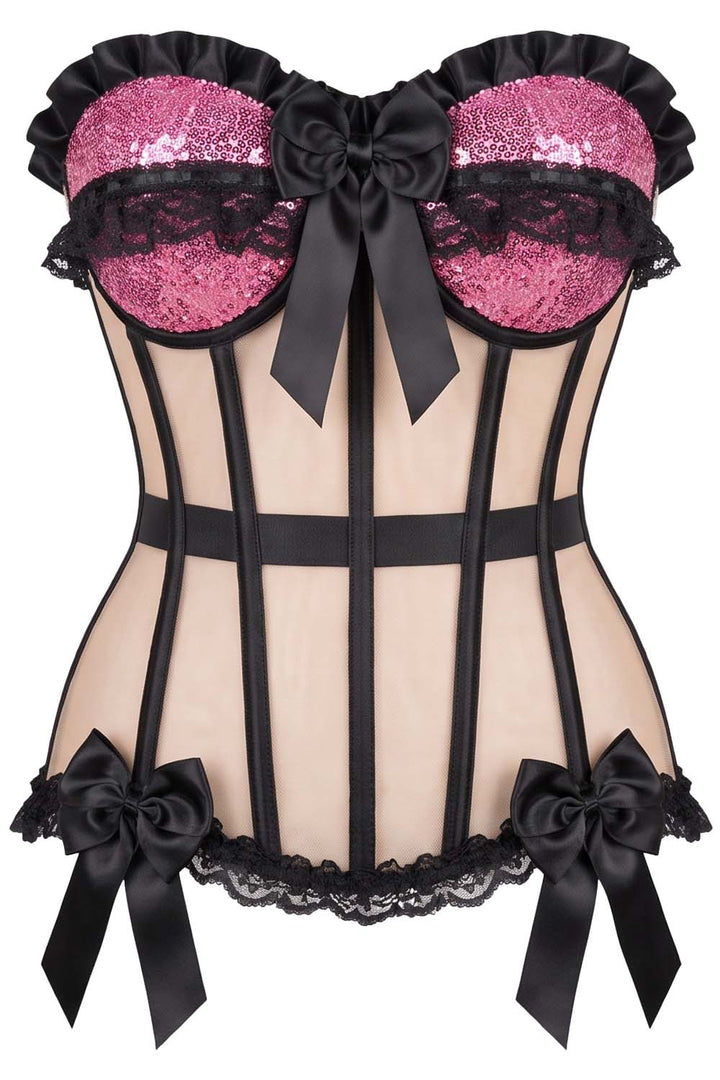 VIVIEN Mesh &amp; Sequin with Satin Burlesque Overbust Corset CWL—1785 by Luxe Noir — front view
