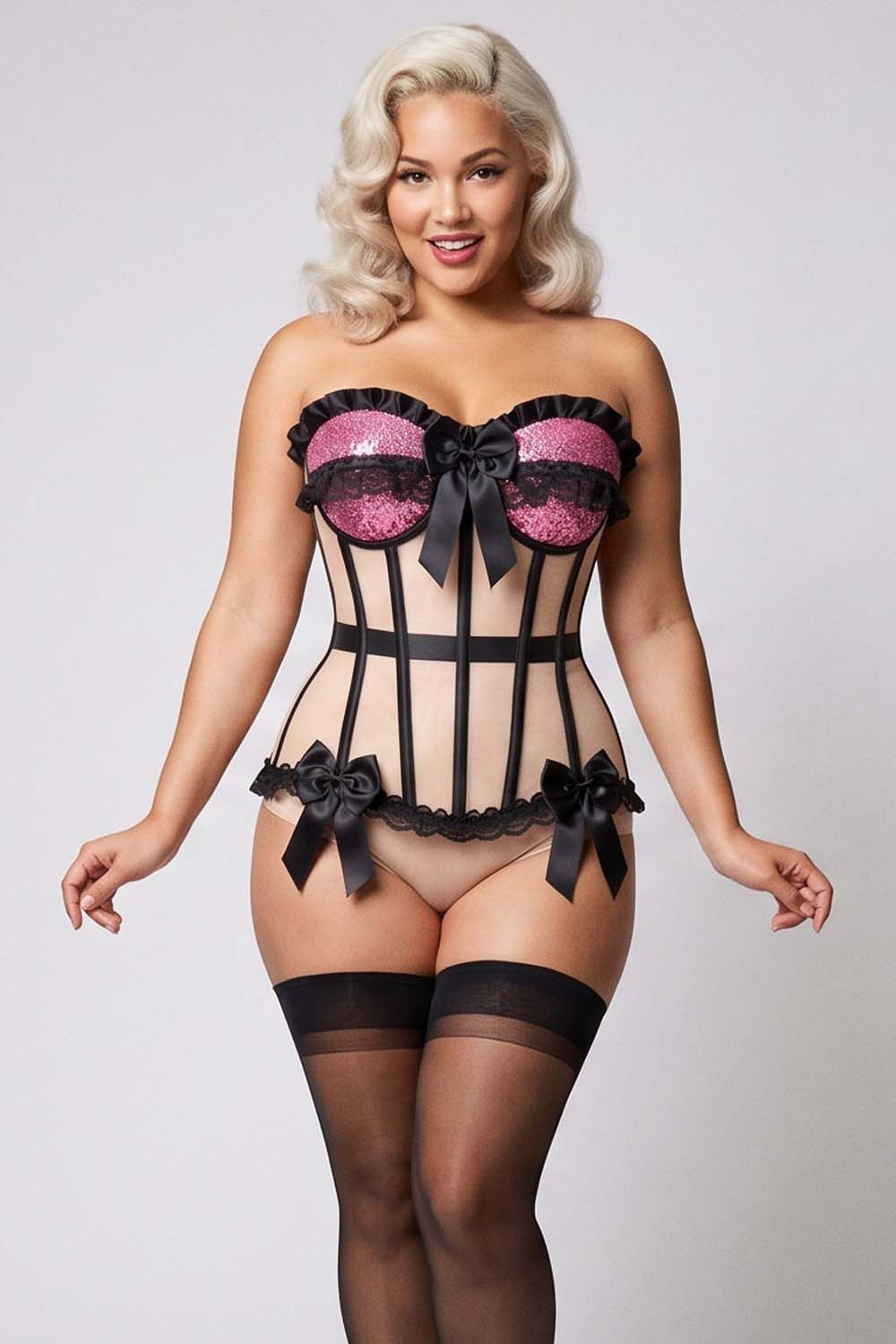 VIVIEN Mesh &amp; Sequin with Satin Burlesque Overbust Corset CWL—1785 on model — front view